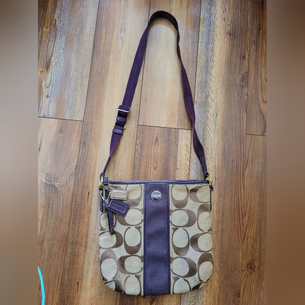 Coach Signature Jacquard Crossbody Bag in Brown and Purple